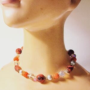 Vintage Signed Coro Choker with Aurora Borealis & Red Glass Gold Swirl Beads